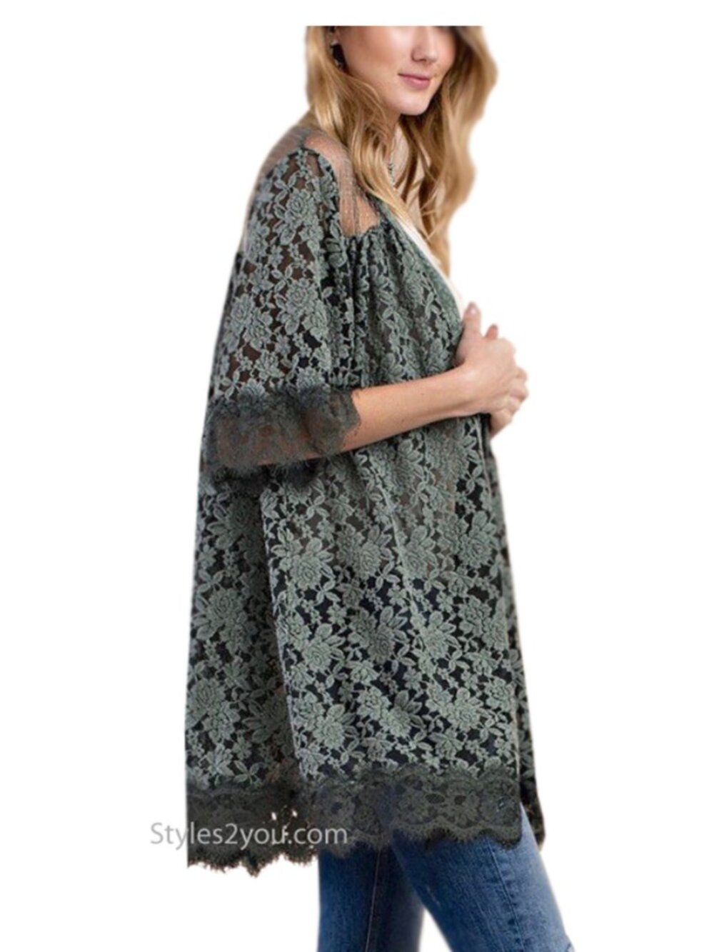 NWT Mink Embroidered Oversized Lace Open Cardigan In Greens Easel